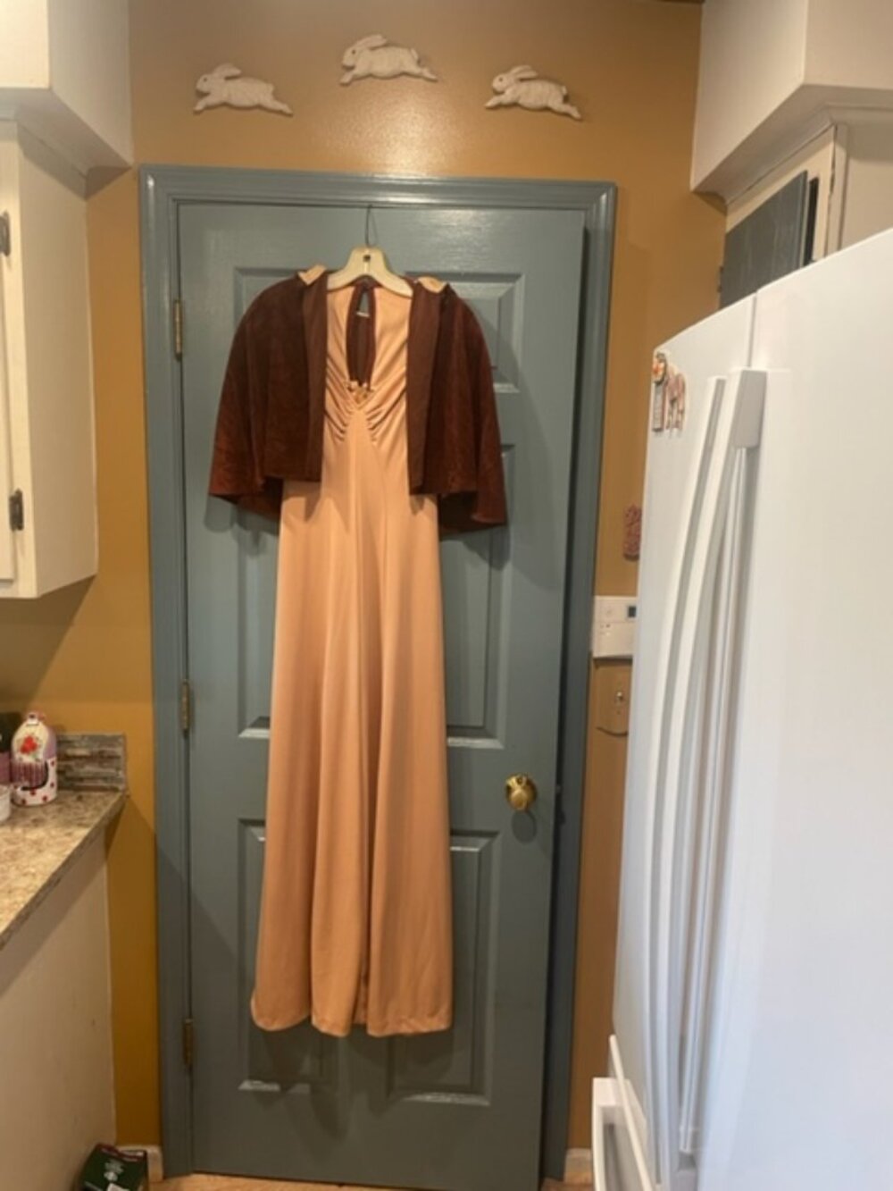 70s tan gown with brown corduroy hooded cape, sz 10